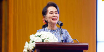 Myanmar State Counselor Daw Aung San Suu Kyi gives an opening speech at the two-year anniversary of the founding of the UEHRD in October 2019. / Myanmar State Counselor’s Office