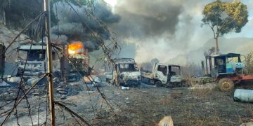 The remains of vehicles in Hpruso Township, Kayah State on December 24 when 35 charred bodies were found after junta troops arrested villagers and killed and burned them. / KNDF