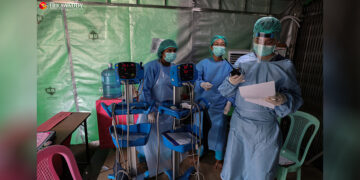 The COVID-19 patient reception area at Yangon General Hospital is seen in April. / Myo Min Soe