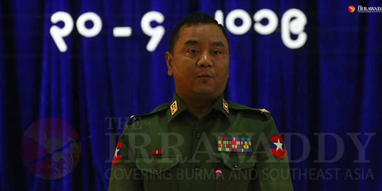 Military spokesman Brig-Gen. Zaw Min Tun attends the ‘four pillars’ meeting in Naypyitaw on April 30. / Htet Naing Zaw / The Irrawaddy
