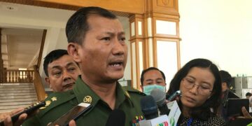 Military lawmaker Lt-Col Myot Htet Win speaks to the media on March 17. / Htet Naing Zaw / The Irrawaddy