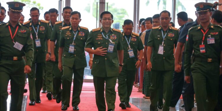The commander-in-chief of Myanmar’s armed forces, Senior General Min Aung Hlaing, attends a peace conference in Naypyitaw, the capital of Myanmar, in 2017. / The Irrawaddy