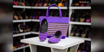 A pair of traditional fabric used shoe and bag by Myanmar’s Heart. / Htet Wai / The Irrawaddy