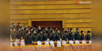 Military lawmakers during a parliamentary session in March 2020. / Thiha Lwin / The Irrawaddy