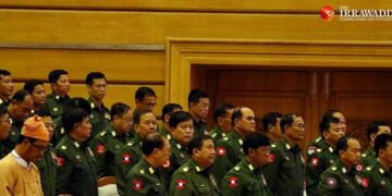 Military lawmakers at the Union Parliament on Feb. 26. / The Irrawaddy