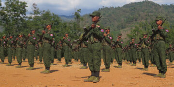 Arakan Army troops at their headquarters in Kachin State in April 2019 / Nan Lwin Hnin Pwint / The Irrawaddy
