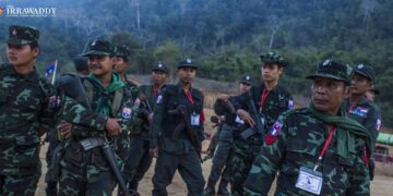 Members of the Karen National Liberation Army at the group’s headquarters in Lay Wah on the 70th anniversary of Karen National Revolution Day in 2019. / Htet Wai / The Irrawaddy