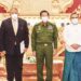 Myanmar coup leader Senior General Min Aung Hlaing (center) poses for a photo with the ASEAN secretary-general (left) and Bruneian foreign minister (second left) during the regional envoys’ visit to Naypyitaw on June 4. / New Light of Myanmar