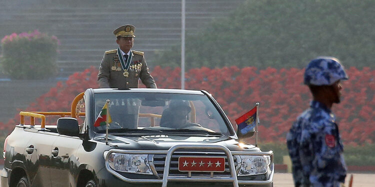 Myanmar military chief Senior General Min Aung Hlaing during the Armed Forces Day Parade in 2015. / The Irrawaddy