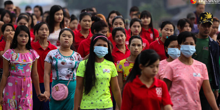 Female factory workers in the Hlaing Thar Yar Industrial Zone are seen on April 2, 2020. / Myo Min Soe / The Irrawaddy