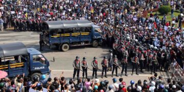 protesters confronts security forces in Naypyitaw  in February.