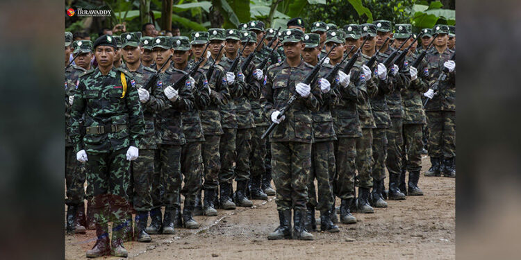Karen National Liberation Army troops on Karen Martyrs’ Day in July 2018 in Karen State’s Papun District. / Aung Kyaw Htet / The Irrawaddy