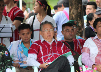 Padoh Saw Tadoh Moo (left) with Padoh Saw Kwe Htoo Win (center) at the Karen Martyr Day ceremony in August 2017 at the headquarter of Karen National Union.
