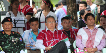 Padoh Saw Tadoh Moo (left) with Padoh Saw Kwe Htoo Win (center) at the Karen Martyr Day ceremony in August 2017 at the headquarter of Karen National Union.