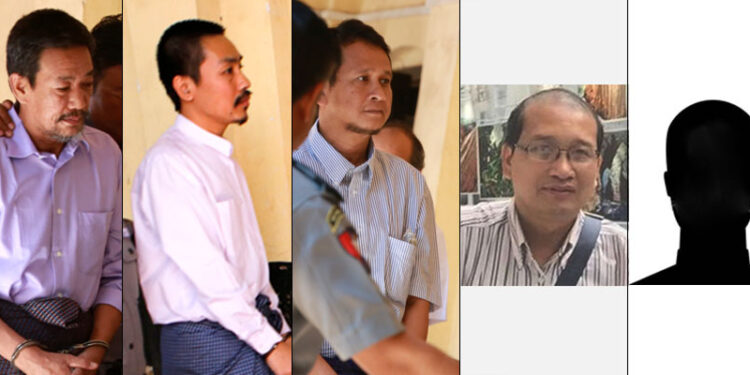 Suspects appeared in court for the first time on March 17: gunman Kyi Lin (left), ex-captain Zeya Phyo and ex-lieutenant Aung Win Zaw—brother of Aung Win Khaing. Ex-lieutenant colonel Aung Win Khaing (far right), an alleged key perpetrator in the plot, is still at large.