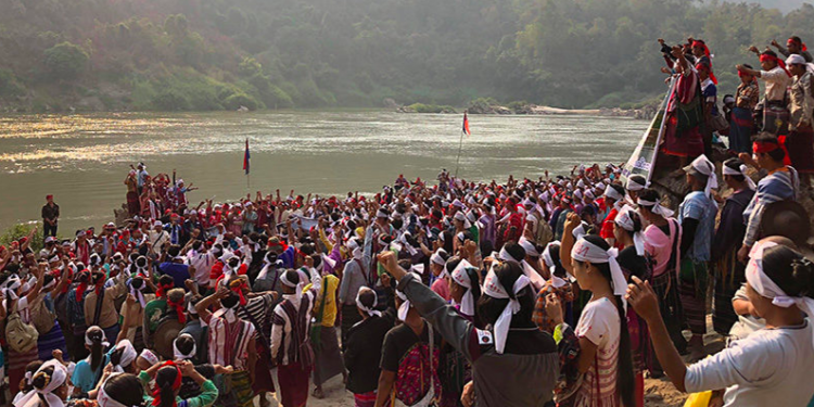 Karen people gather to oppose the construction of the Hatgyi Dam and other hydropower projects on the Salween River in Hpapun, Karen State, on March 1. / The Irrawaddy