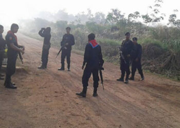 Members of the MNLA at the entrance to the ethnic armed group’s Palanjapan base near the border of Karen State and Thailand. The base was seized by the Myanmar army on Nov. 27. / Day SA / Facebook