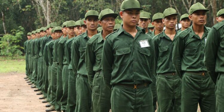 New recruits of the Mon National Liberation Army have undergone training in recent months at a camp in Kyainseikgyi Township of Karen State. / Ah Ar / Facebook