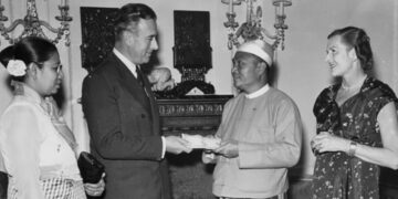 Myanmar’s then prime minister, U Nu, presents a cheque to Louis Mountbatten on behalf of the Army Amenities Fund in London, June 22, 1955.