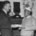 Myanmar’s then prime minister, U Nu, presents a cheque to Louis Mountbatten on behalf of the Army Amenities Fund in London, June 22, 1955.