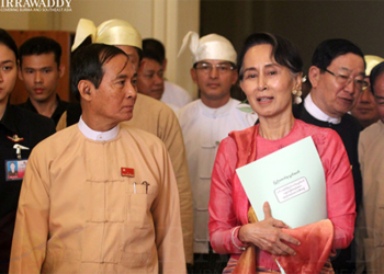 President U Win Myint and State Counselor Daw Aung San Suu Kyi at Parliament in Naypyitaw. / Htet Naing Zaw / The Irrawaddy
