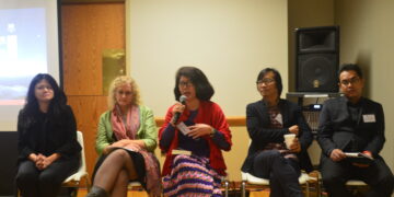 From left, Seinenu Thein-Lemelson, Lisa Brooten, Ma Thida, Kyaw Zwa Moe and Nay Phone Latt speak on a panel about the role of media in Burma’s pro-democracy movement at Northern Illinois University on Oct. 8, 2016. / Sally Kantar / The Irrawaddy