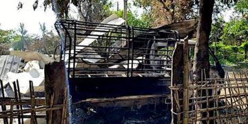 The charred remains of Payapaung Village in Rakhine State’s Kyauktaw Township after the village was destroyed by fire. / Ann Thar Gyi