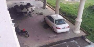 A damaged vehicle at the DSTA in Pyin Oo Lwin in August 2019.