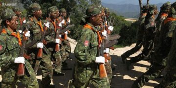 RCSS troops march during an event to mark Shan State National Day at the group’s headquarters in Loi Tai Leng in 2016. / The Irrawaddy