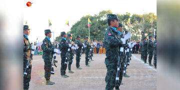 Restoration Council of Shan State troops on parade at the Shan State National Day celebration in Loi Tai Leng, Shan State on Feb. 7. 2020 / Nyein Nyein / The Irrawaddy