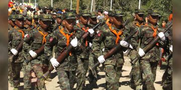 Restoration Council of Shan State troops on parade at the Shan State National Day celebration in Loi Tai Leng, Shan State on Feb. 7. 2014 / Kyaw Kha / The Irrawaddy
