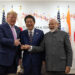 U.S President Donald Trump jokes with Japan's Prime Minister Shinzo Abe and India's Prime Minister Narendra Modi on the first day of the G20 summit on June 28, 2019 in Osaka, Japan—a week and a half before accusing Modi of applying excessive tariffs on U.S. goods over Twitter. / Reuters