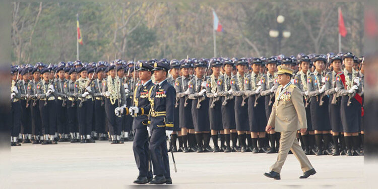 Myanmar military chief Senior-General Min Aung Hlaing attends a military parade to mark Armed Forces Day in 2018. / Htet Naing Zaw / The Irrawaddy