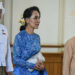 Lower House Speaker U Win Myint (right) and State Counsellor Daw Aung San Suu Kyi (center) enter Parliament in March 2016. / The Irrawaddy