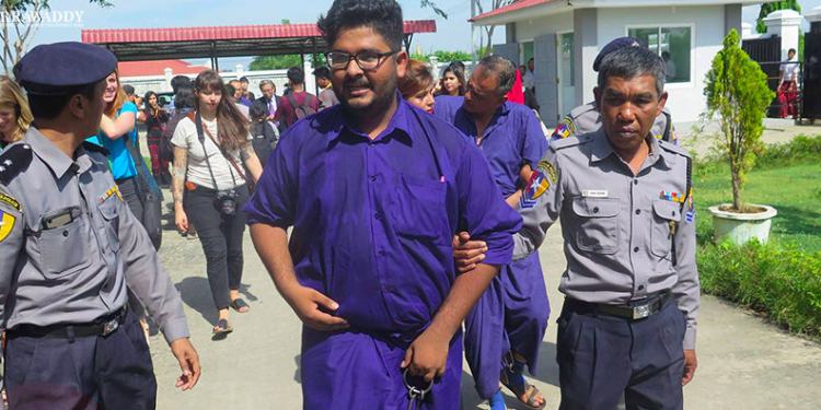 Interpreter Aung Naing Soe was brought to trial at Zabuthiri Township Court on Nov. 16. / Htet Naing Zaw / The Irrawaddy