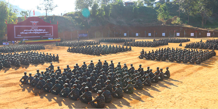 Arakan Army troops welcome new recruits in Laiza, Kachin State in 2016. / Supplied
