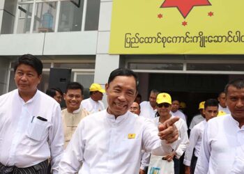 U Shwe Mann (second from left) at an opening ceremony of the Union Betterment Party's office in Bago Region in May 2019. / Myo Min Soe / The Irrawaddy