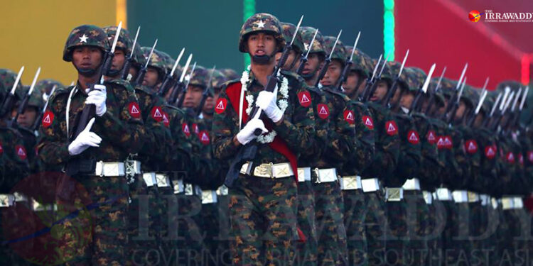 Soldiers march in the 74th Myanmar Armed Forces Day parade in March 2019. / The Irrawaddy