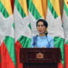 State Counselor Daw Aung San Suu Kyi addresses businesses leaders in Naypyidaw on Saturday. / JPaing / The Irrawaddy