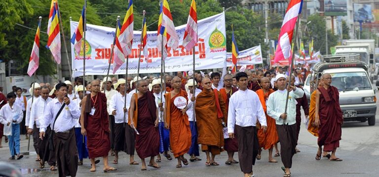 Members of Ma Ba Tha’s Mandalay chapter celebrate the enactment of the contentious Race and Religion Laws in September 2015. / The Irrawaddy