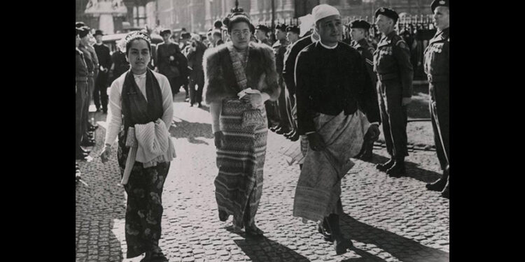Daw Khin Kyi (left), with Prime Minister U Nu and his wife on their visit to England in 1950.