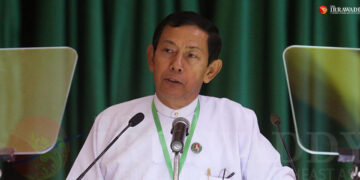 USDP chairman U Than Htay speaks at the Central Executive Committee meeting on Sept. 14. / Htet Naing Zaw / The Irrawaddy