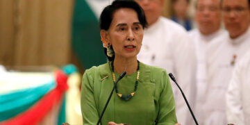 Myanmar State Counselor Aung San Suu Kyi talks during a news conference with India’s Prime Minister Narendra Modi in Naypyitaw, Myanmar September 6, 2017. / Soe Zayar Tun / Reuters