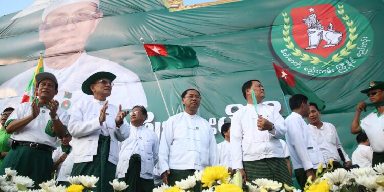 Senior USDP leaders campaign ahead of the 2015 general election in Yangon. / The Irrawaddy