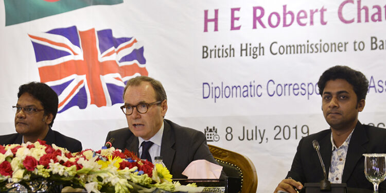 British High Commissioner to Bangladesh Robert Chatterton Dickson speaks at a press conference in Dhaka on Monday.