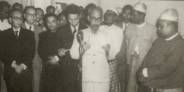 Ho Chi Minh delivers an address during his visit to Myanmar in 1958.