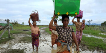 Villagers in Rathedaung, Rakhine State flee from their homes following fighting in late June. / Supplied