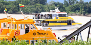 Yangon water buses seen at Bohtataung terminal on Friday. / Thet Htun Naing / The Irrawaddy