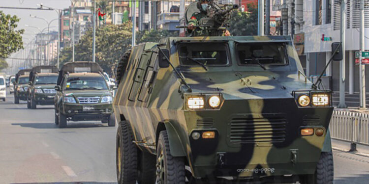 Military vehicles in Mandalay on Feb. 3. The military has been patrolling the city since last Monday's coup. / Zaw Zaw / The Irrawaddy