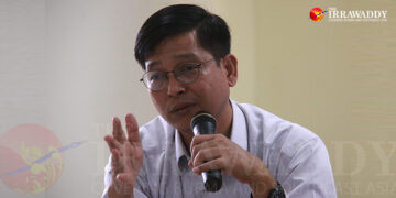 President’s Office Director-General U Zaw Htay speaks with reporters on Saturday. / Htet Naing Zaw / The Irrawaddy